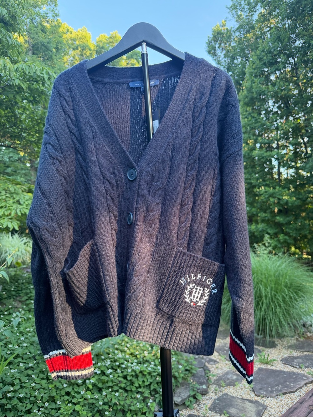 Tommy Hilfiger Women’s Navy Cable-Knit Varsity Cardigan Sweater- Size XXL NWT